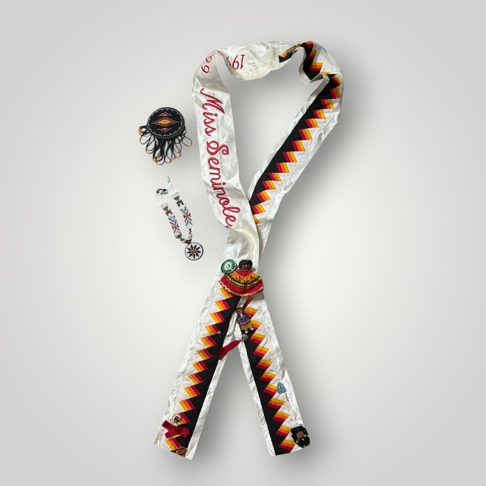 VTGSeminole Tribe Sash Set Miss Seminole 1998-1999 Patchwork Beaded Necklace Lot